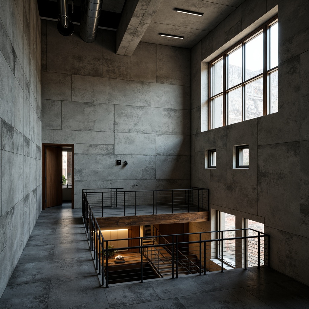 Prompt: Raw concrete walls, rugged textures, brutalist architecture, urban apartment building, industrial chic aesthetic, minimalist decor, functional simplicity, exposed ductwork, steel beams, industrial-style lighting, metal railings, raw wood accents, monochromatic color scheme, dramatic shadows, high-contrast lighting, cinematic composition, 1/2 camera angle, gritty realistic textures, ambient occlusion.