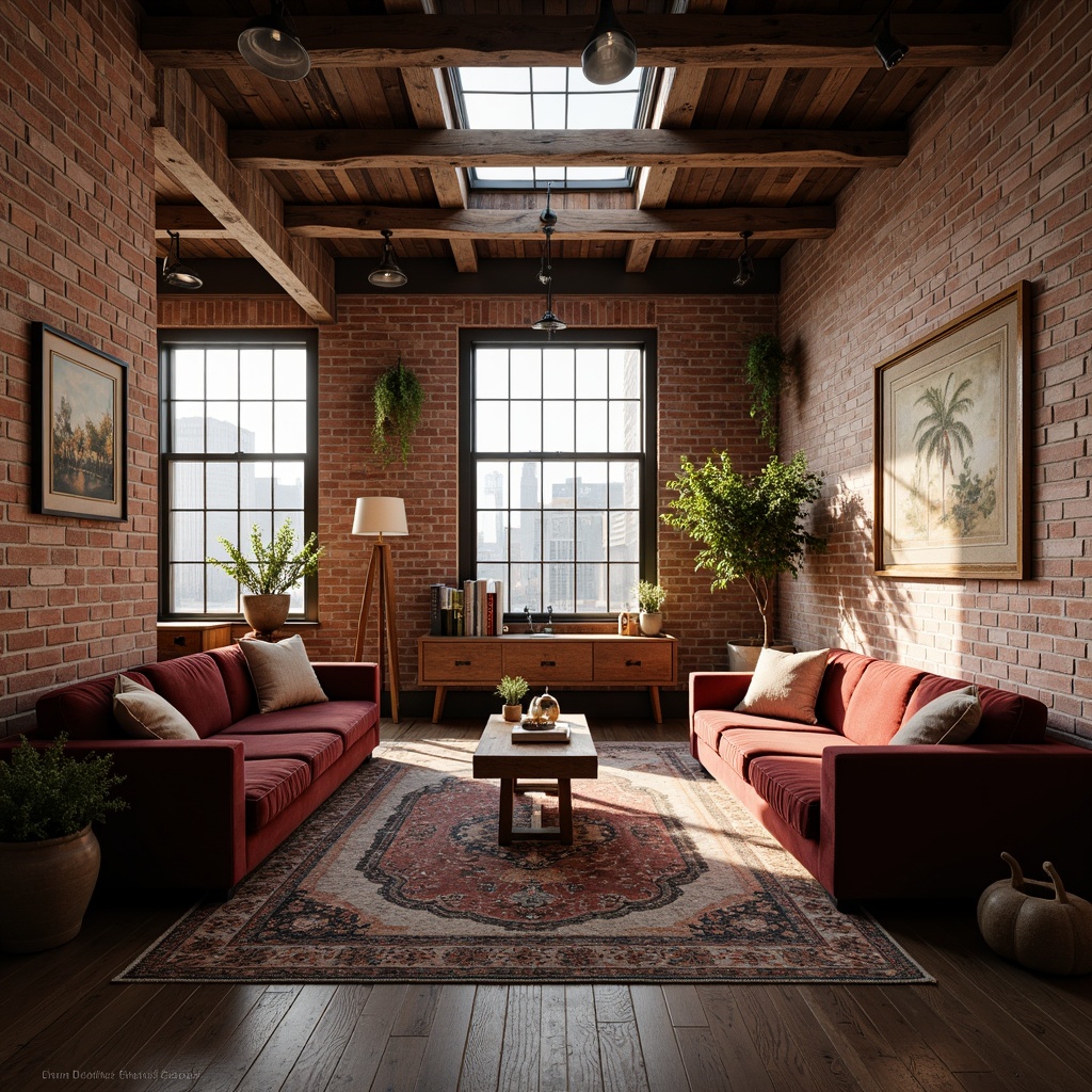 Prompt: Exposed brick walls, wooden beam ceilings, industrial chic decor, cozy reading nooks, plush velvet sofas, vintage rugs, distressed wood furniture, soft warm lighting, large windows, skylights, clerestory windows, urban cityscape views, romantic ambiance, intimate atmosphere, natural textiles, earthy color palette, minimalist ornamentation, functional simplicity, airy open spaces, 1/1 composition, shallow depth of field, warm golden hour lighting.