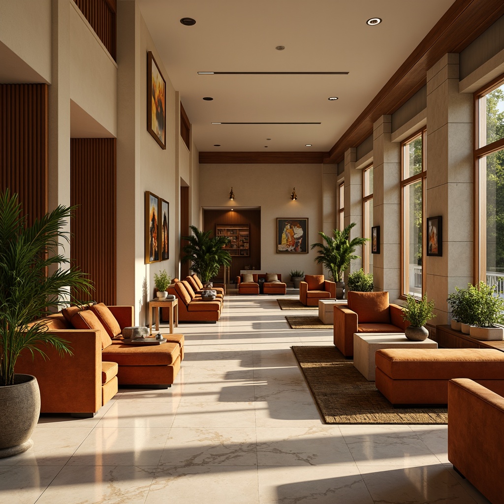 Prompt: Warm inviting lobby, rich wood accents, soft beige walls, plush velvet furniture, golden lighting fixtures, elegant marble floors, vibrant greenery, natural stone columns, cozy fireplaces, comfortable seating areas, warm neutral color palette, earthy tones, calming ambiance, soft warm lighting, shallow depth of field, 3/4 composition, realistic textures, ambient occlusion.