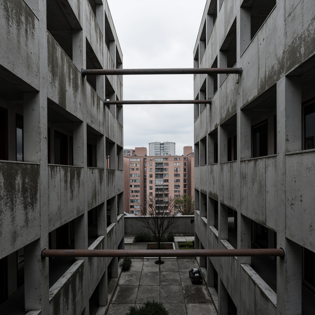 Prompt: Exposed concrete walls, rugged textures, industrial pipes, raw steel beams, minimalist balconies, brutalist architecture, urban cityscape, gloomy overcast sky, dramatic shadows, high-contrast lighting, bold geometric forms, functional simplicity, distressed finishes, poured-in-place concrete, cold monochromatic color palette, 1/1 composition, low-angle shot, cinematic atmosphere, gritty realistic textures.