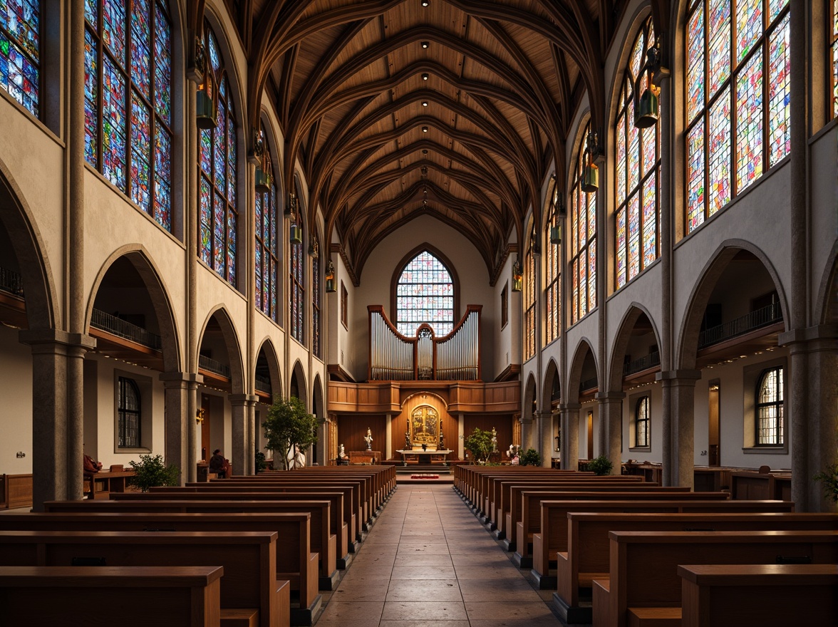 Prompt: Intricate stained glass windows, symmetrical arches, ornate vaulted ceilings, grandiose pipe organs, minimalist pews, sacred altars, geometric patterns, constructivist architecture, brutalist concrete structures, abstract sculptures, vibrant colorful mosaics, dramatic lighting effects, high contrast shadows, 1/1 composition, low-angle shot, warm golden hour lighting, realistic textures, ambient occlusion.