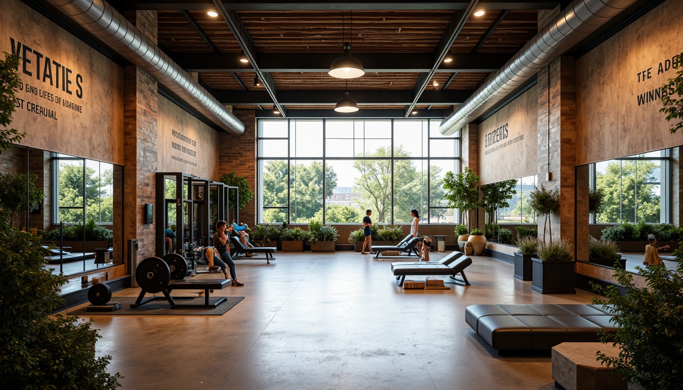 Prompt: Vibrant metabolism-inspired gymnasium, natural light pouring in, industrial-style metal beams, reclaimed wood accents, exposed brick walls, modern fitness equipment, free weights, exercise machines, mirrored walls, motivational quotes, greenery-filled planters, minimalist decor, high ceilings, large windows, soft warm lighting, shallow depth of field, 3/4 composition, panoramic view, realistic textures, ambient occlusion.