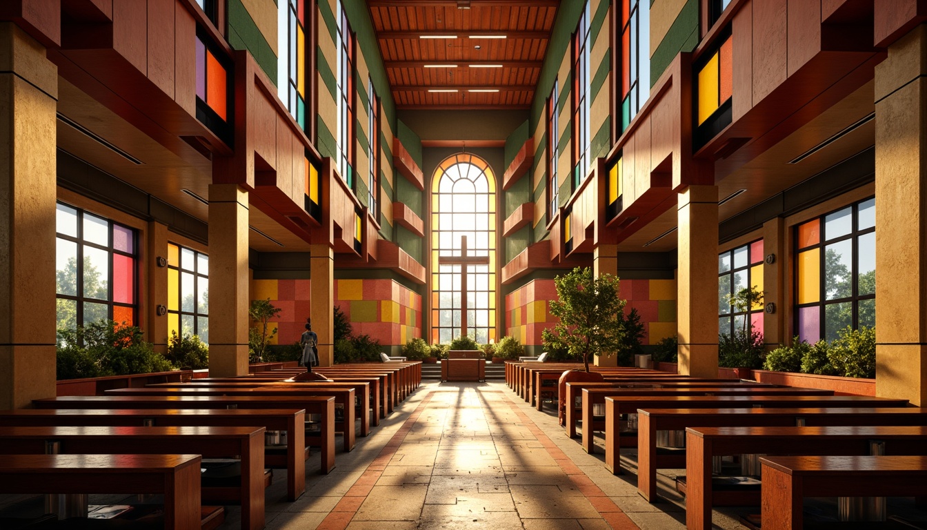 Prompt: Vibrant constructivist church, geometric shapes, bold lines, abstract forms, dynamic volumes, fragmented fa\u00e7ade, stained glass windows, intricate mosaics, rich textures, warm golden lighting, dramatic shadows, industrial materials, exposed brick walls, metallic accents, minimalist decor, sacred symbols, ornate details, spiritual ambiance, atmospheric misting, soft natural light, 1/1 composition, symmetrical framing, high contrast colors, bold typography, abstract patterns.