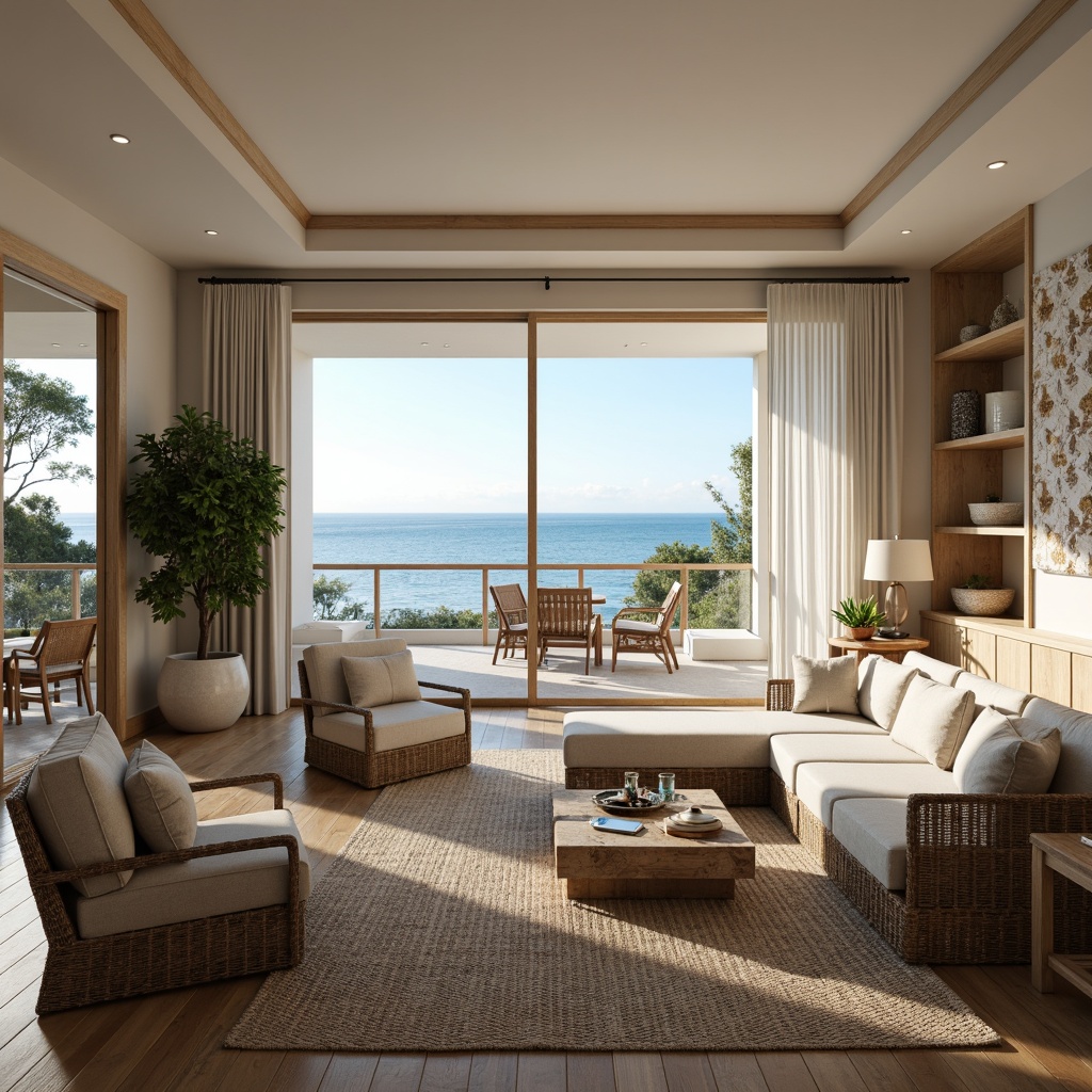 Prompt: Coastal living room, ocean-inspired color palette, driftwood accents, natural textiles, woven sea grass furniture, coral-patterned rugs, shell-adorned decorative walls, floor-to-ceiling windows, sliding glass doors, panoramic ocean views, soft warm lighting, beachy ambiance, minimalist decor, nautical-themed accessories, distressed wood flooring, plush sectional sofas, built-in shelving units, tropical plants, calming atmosphere, 1/1 composition, realistic reflections, ambient occlusion.