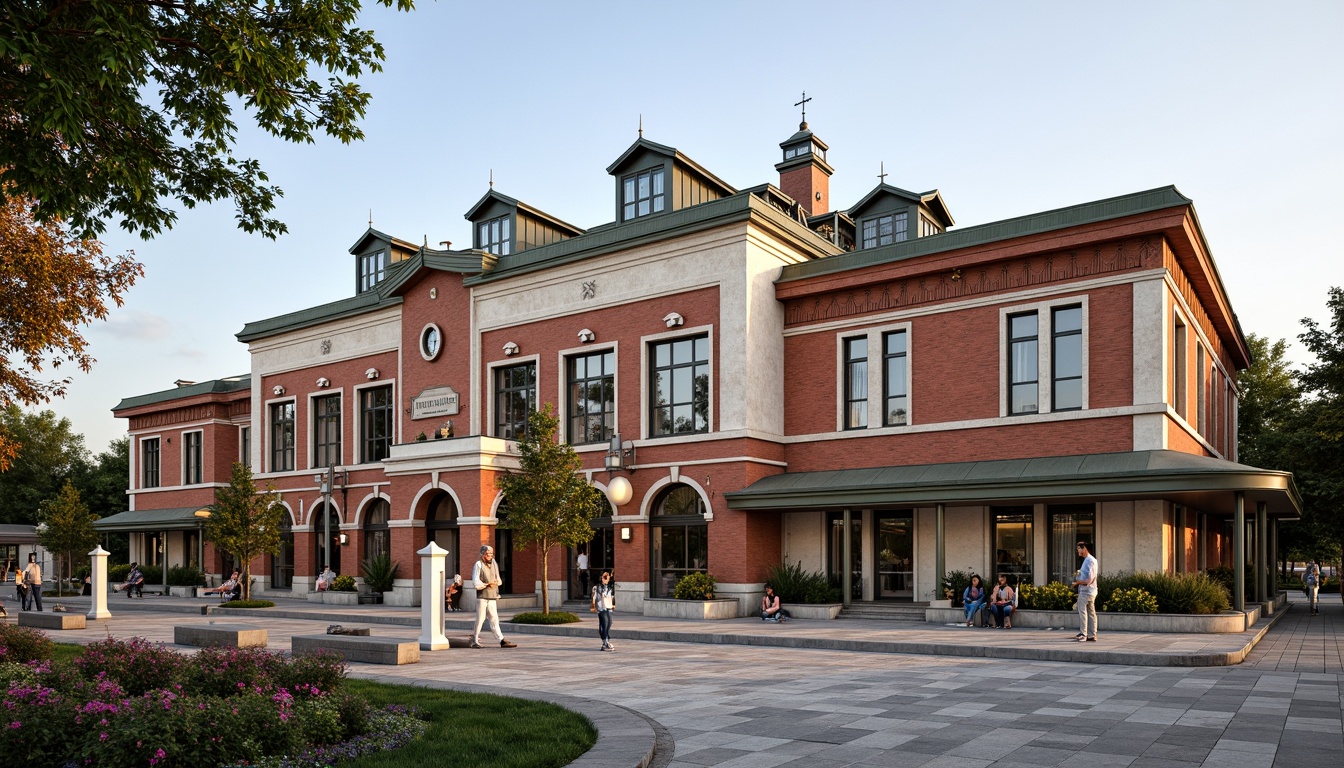 Prompt: Elegant bus station, academic architectural style, symmetrical facade, grand entrance, ornate details, classical columns, arches, rusticated stone walls, red brick cladding, steeply pitched roofs, dormer windows, copper roofing, intricate metalwork, vintage street lamps, lush greenery, vibrant flowers, pedestrian walkways, natural stone paving, modern signage, clear glass canopies, soft warm lighting, shallow depth of field, 3/4 composition, realistic textures, ambient occlusion.