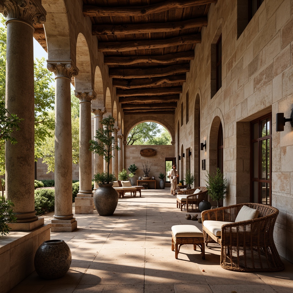 Prompt: Rustic stone walls, weathered wooden accents, rough-hewn granite columns, ornate metalwork, distressed brick facades, earthy terracotta tiles, natural fiber textiles, woven rattan furniture, organic shapes, curved lines, warm ambient lighting, soft focus, shallow depth of field, 2/3 composition, atmospheric perspective, realistic materiality, subtle color palette.