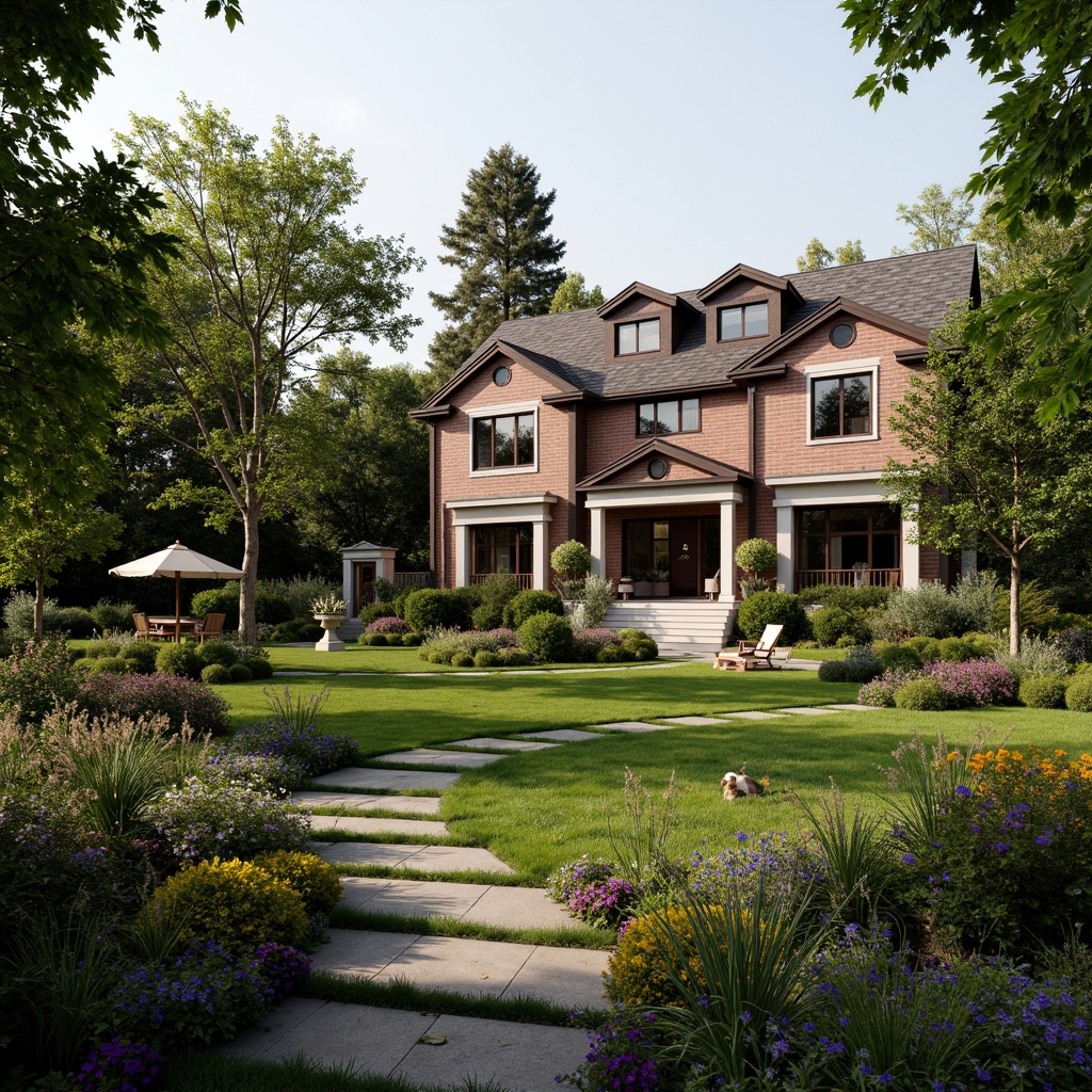 Prompt: Manicured lawn, ornate gardens, blooming flowers, lush greenery, meandering walkways, natural stone pathways, classic lanterns, symmetrical landscaping, elegant fountains, refined outdoor furniture, soft warm lighting, serene ambiance, 3/4 composition, shallow depth of field, realistic textures, ambient occlusion, suburban residential setting, traditional architecture, brick or stucco exterior, pitched roofs, dormer windows, ornate front doors, inviting porches, cozy outdoor seating areas.