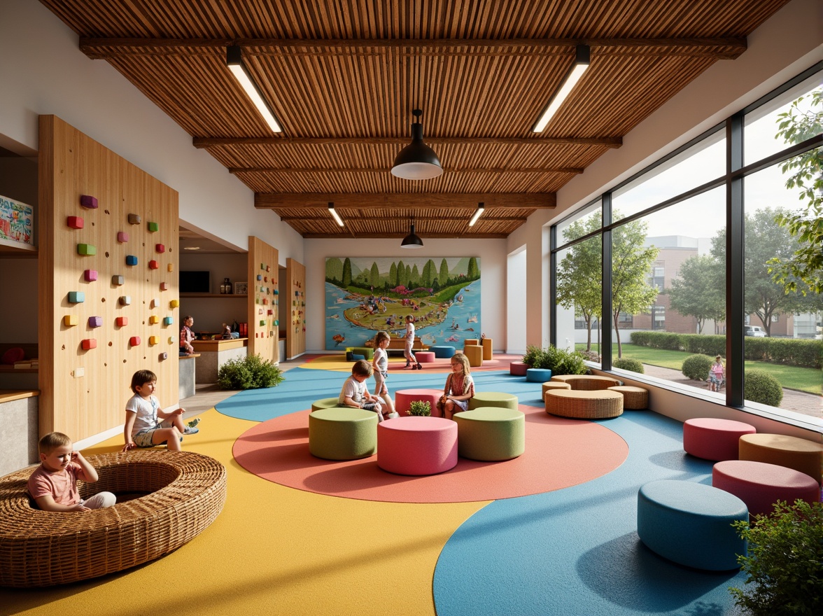 Prompt: Vibrant kindergarten playground, textured rubber flooring, colorful climbing walls, wooden play structures, sensory-rich surfaces, tactile experiences, interactive learning spaces, natural stone accents, woven wicker furniture, soft cushioned seating areas, educational wall murals, stimulating color schemes, warm inviting lighting, shallow depth of field, 1/1 composition, realistic textures, ambient occlusion.