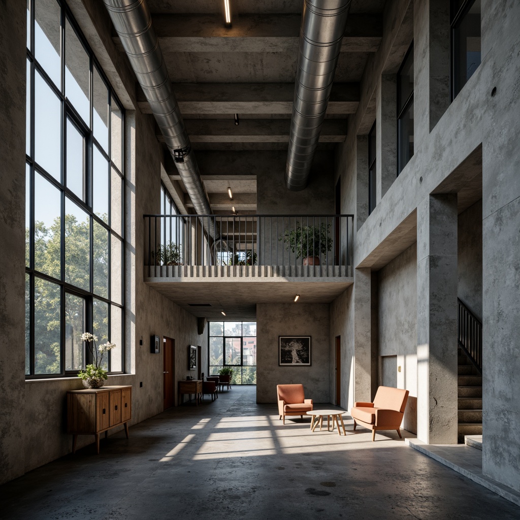 Prompt: Raw concrete walls, rugged textures, brutalist architecture, urban apartment building, industrial chic aesthetic, minimalist decor, functional simplicity, exposed ductwork, steel beams, industrial-style lighting, metal railings, raw wood accents, monochromatic color scheme, dramatic shadows, high-contrast lighting, cinematic composition, 1/2 camera angle, gritty realistic textures, ambient occlusion.