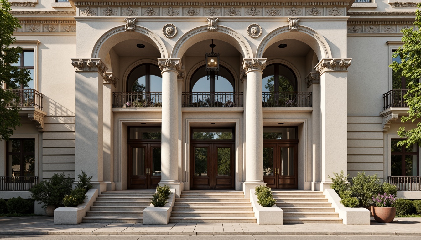 Prompt: Grandiose classical facade, ornate columns, intricately carved details, symmetrical composition, majestic entrance, imposing stone walls, rusticated base, decorative pilasters, ornamental balconies, curved arches, grand staircases, elegant moldings, refined proportions, subtle color palette, soft natural lighting, shallow depth of field, 1/1 composition, realistic textures, ambient occlusion.