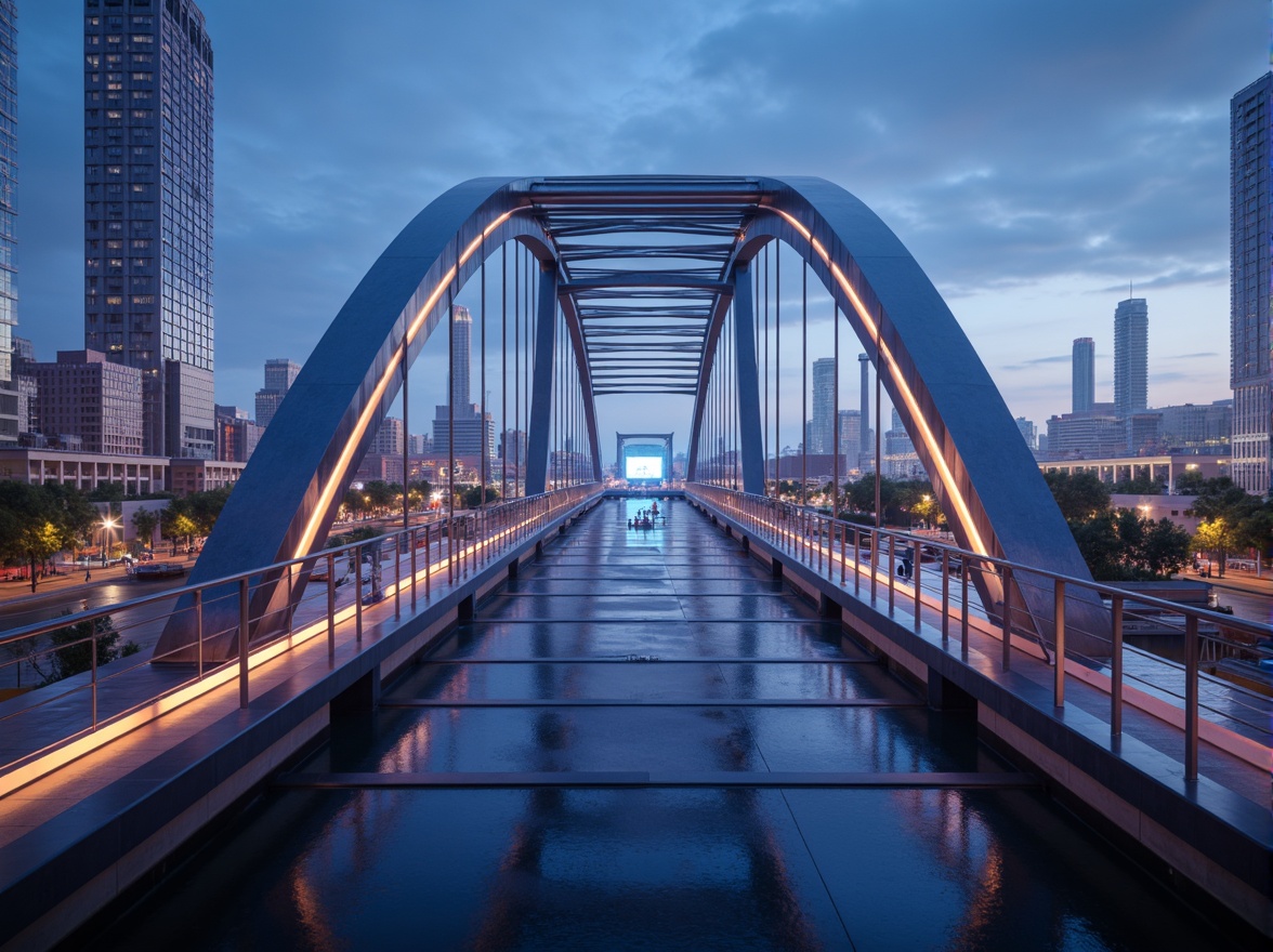 Prompt: Futuristic bridge design, metallic structures, iridescent materials, reflective surfaces, neon-lit accents, glowing lines, sleek curves, minimalist railings, modern urban landscape, cityscape at dusk, vibrant nightlife, misty atmosphere, shallow depth of field, 3/4 composition, panoramic view, realistic textures, ambient occlusion.