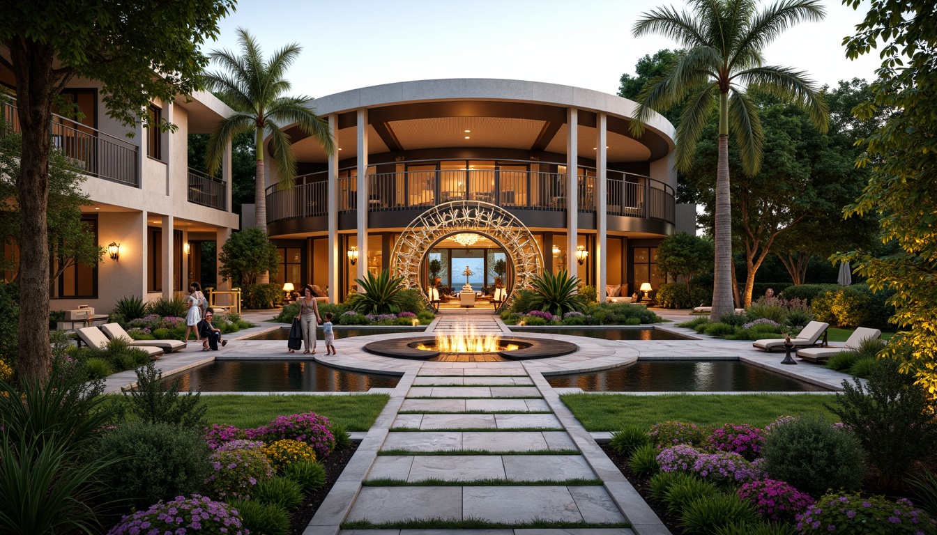 Prompt: Luxurious villa, Art Deco style, ornate metalwork, curved lines, geometric patterns, lavish furnishings, lush greenery, vibrant flowers, tranquil ponds, walking paths, natural stone pavers, elegant outdoor lighting, warm ambiance, soft golden lighting, shallow depth of field, 1/1 composition, symmetrical view, realistic textures, ambient occlusion.