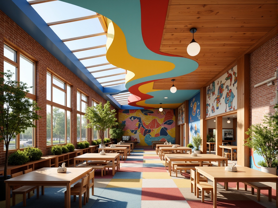 Prompt: Vibrant school interior, expressionist architecture, bold color schemes, irregular shapes, dynamic lighting, natural light integration, clerestory windows, skylights, open classrooms, collaborative learning spaces, wooden accents, exposed brick walls, eclectic furniture, artistic murals, playful patterns, whimsical textures, warm atmosphere, soft shadows, 1/1 composition, shallow depth of field, realistic rendering.