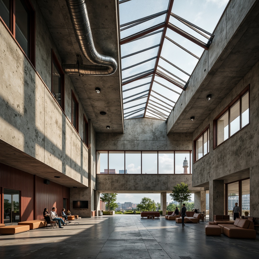 Prompt: Rugged community center, brutalist architecture, raw concrete walls, exposed ductwork, industrial metal beams, natural light pouring in, large skylights, clerestory windows, urban landscape views, gritty cityscape, overcast sky, soft diffused lighting, high contrast shadows, dramatic architectural angles, bold structural elements, minimalist interior design, functional simplicity, communal gathering spaces, reclaimed wood accents, earthy color palette, organic textures, 3/4 composition, cinematic framing, realistic render.