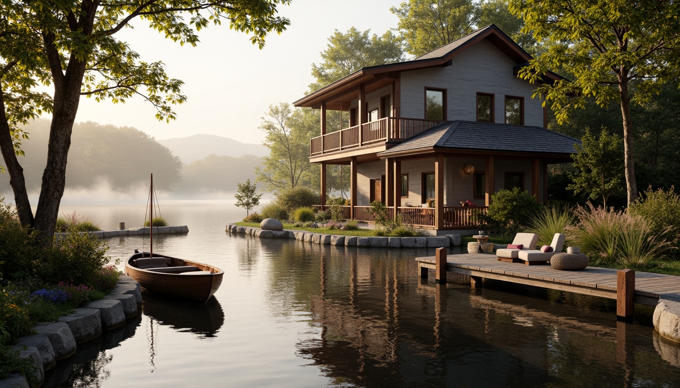 Prompt: Rustic boathouse, Renaissance-inspired architecture, wooden dock, vintage nautical elements, distressed wood accents, ornate metal fixtures, lush greenery, blooming flowers, tranquil water reflections, serene lake views, misty morning atmosphere, warm golden lighting, shallow depth of field, 1/2 composition, symmetrical framing, realistic textures, ambient occlusion.