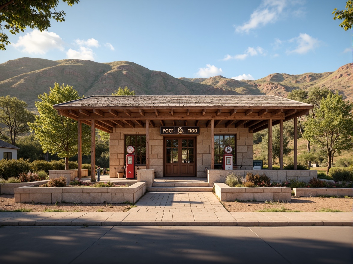 Prompt: Rustic gas station, regionalism style, earthy tones, natural stone walls, wooden accents, sloping roofs, vintage petrol pumps, retro-style signage, rural landscape, rolling hills, scattered trees, sunny afternoon, warm soft lighting, shallow depth of field, 1/2 composition, realistic textures, ambient occlusion.