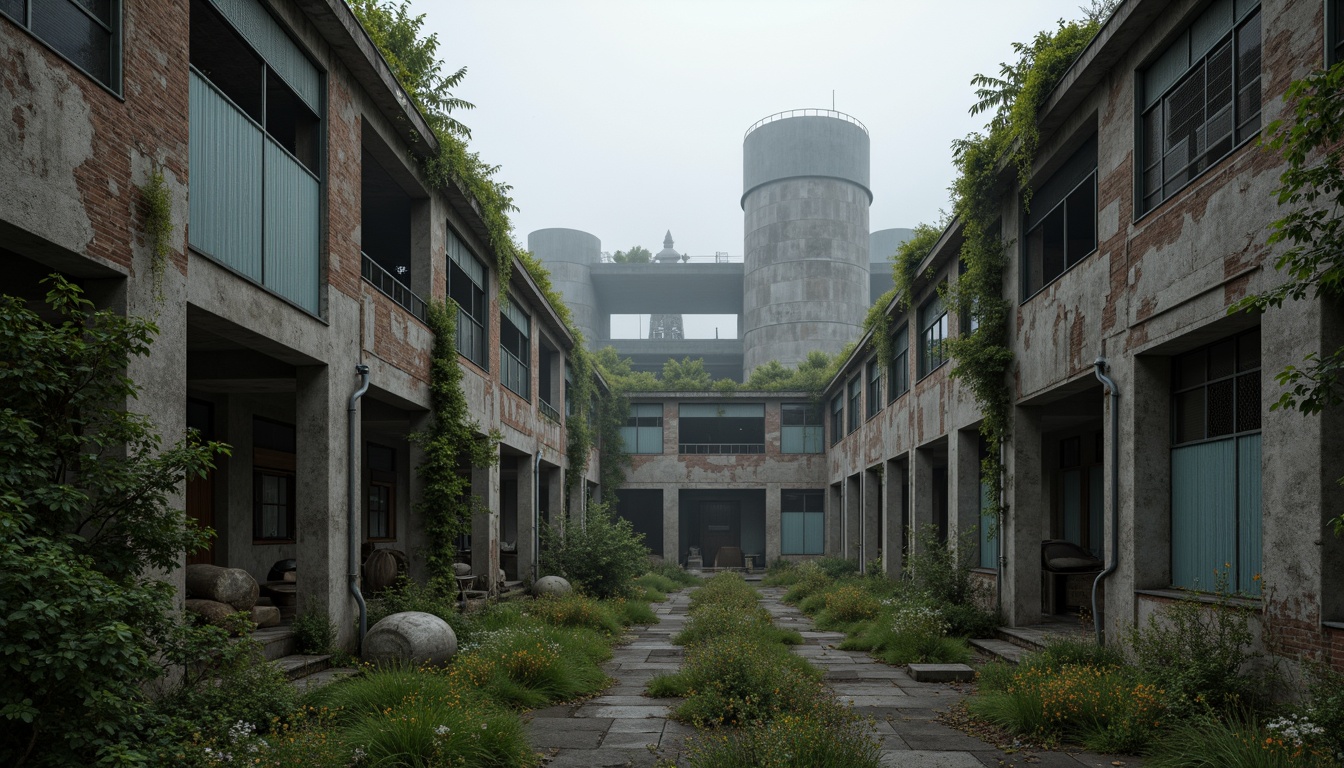 Prompt: Rugged brutalist architecture, raw concrete textures, fortress-like structures, overgrown vegetation, wildflowers, moss-covered walls, industrial landscapes, abandoned factories, crumbling brick facades, distressed metal accents, urban decay, post-apocalyptic atmosphere, dramatic lighting, low-angle shots, cinematic composition, gritty realistic renderings, atmospheric fog effects, misty mornings, eerie silence.