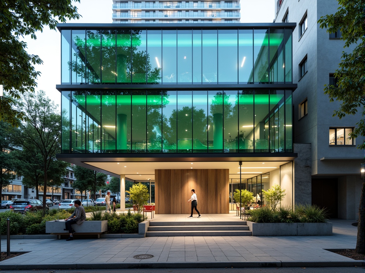 Prompt: Modern dental clinic facade, sleek glass surfaces, minimalist metal frames, vibrant LED lighting, calming green walls, natural stone accents, geometric patterns, futuristic architecture, urban cityscape, busy street scene, morning sunlight, shallow depth of field, 1/1 composition, realistic textures, ambient occlusion.