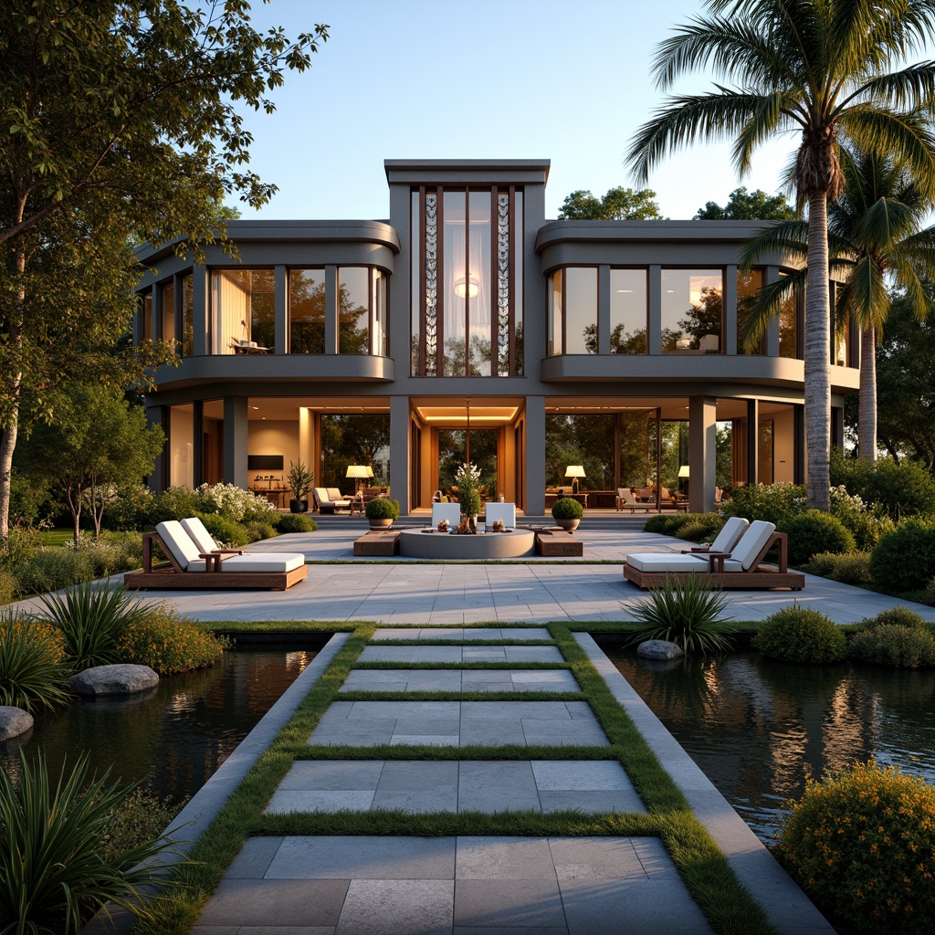 Prompt: Luxurious villa, Art Deco style, ornate metalwork, curved lines, geometric patterns, lavish furnishings, lush greenery, vibrant flowers, tranquil ponds, walking paths, natural stone pavers, elegant outdoor lighting, warm ambiance, soft golden lighting, shallow depth of field, 1/1 composition, symmetrical view, realistic textures, ambient occlusion.