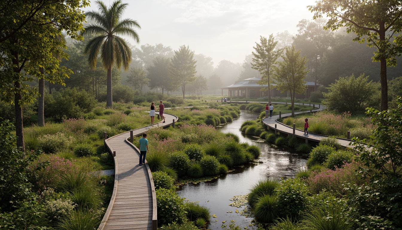 Prompt: Serene wetland landscape, lush vegetation, tranquil water bodies, winding streams, natural stone pathways, wooden boardwalks, observation decks, bird-watching stations, educational signs, native plant species, vibrant wildflowers, soft misty atmosphere, warm sunlight filtering through trees, shallow depth of field, 3/4 composition, panoramic view, realistic textures, ambient occlusion.