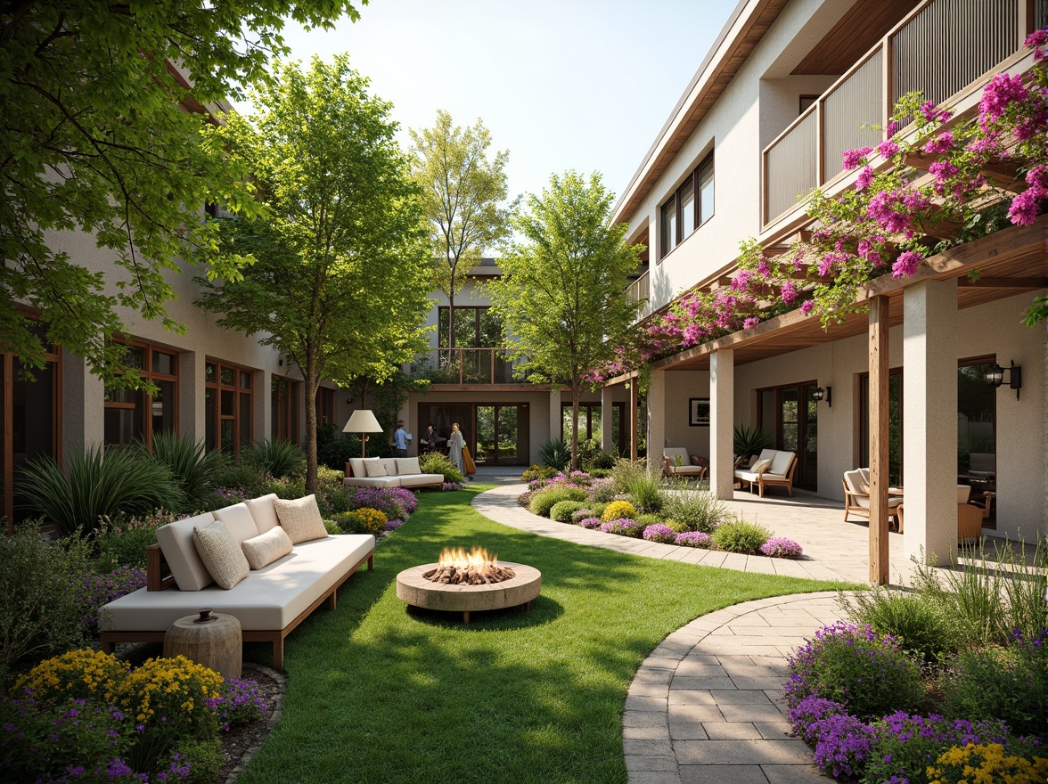 Prompt: Inviting courtyard, lush greenery, vibrant flowers, comfortable seating areas, wooden benches, natural stone pathways, modern architecture, large windows, sliding glass doors, blooming trees, warm sunny day, soft warm lighting, shallow depth of field, 3/4 composition, panoramic view, realistic textures, ambient occlusion, cozy fire pit, outdoor kitchen, dining area, pergola, trellis, climbing plants, water feature, small pond, fountain, birdhouses, bird feeders.