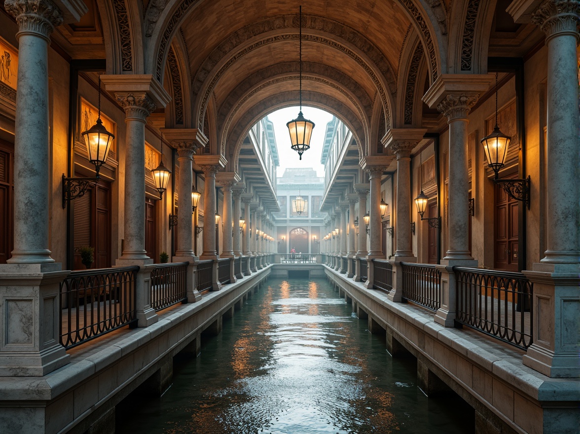 Prompt: Intricate stone carvings, ornate metal railings, grandiose arches, majestic columns, rustic stonework, weathered copper accents, lavish lanterns, dramatic water reflections, misty morning atmosphere, soft warm lighting, shallow depth of field, 1/2 composition, symmetrical framing, realistic textures, ambient occlusion.