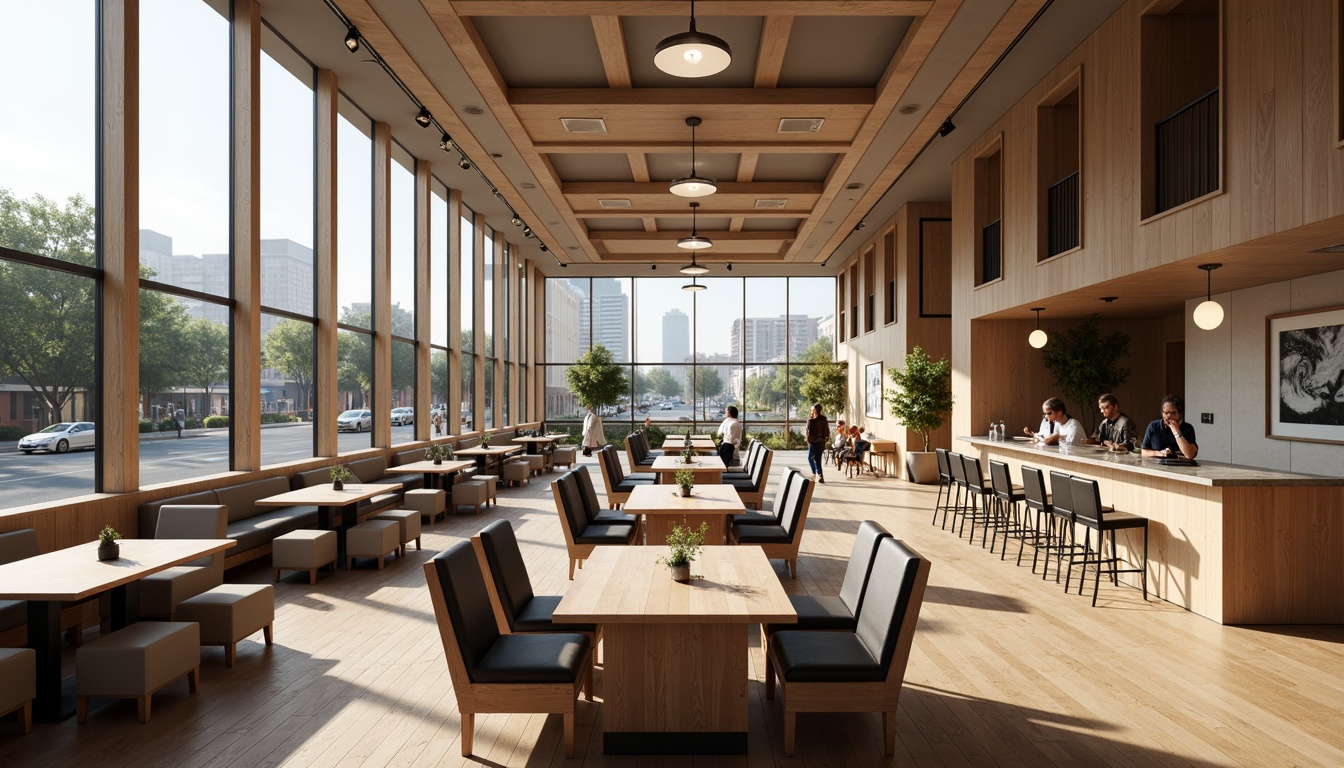 Prompt: Minimalist dining hall, open floor plan, high ceilings, large windows, natural light, sleek wooden floors, modern furniture, geometric patterns, abstract artwork, neutral color palette, elegant chandeliers, sophisticated ambiance, urban cityscape views, bustling streets, cosmopolitan atmosphere, warm soft lighting, shallow depth of field, 1/1 composition, realistic textures, ambient occlusion.