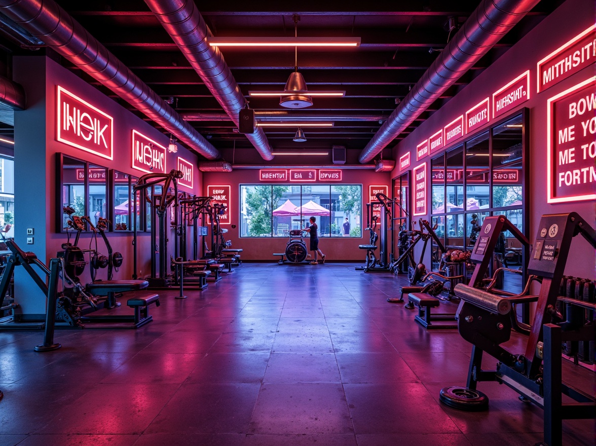 Prompt: Vibrant fitness studio, bold color scheme, energetic atmosphere, neon lights, motivational quotes, modern equipment, sleek metal frames, rubber flooring, mirrored walls, high ceilings, natural light, urban loft design, industrial chic aesthetic, reclaimed wood accents, metallic tones, dynamic lighting effects, fast-paced rhythm, 1/1 composition, shallow depth of field, realistic textures, ambient occlusion.