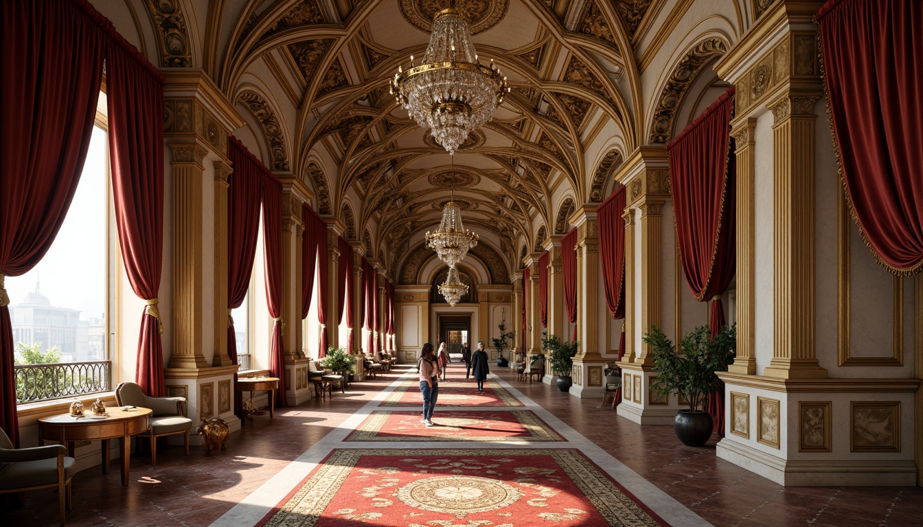 Prompt: Intricate stone carvings, ornate archways, grandiose columns, lavish chandeliers, rich velvet drapes, gilded accents, ornamental moldings, intricate frescoes, majestic domed ceilings, opulent furnishings, luxurious textiles, warm golden lighting, soft focus, shallow depth of field, 1/2 composition, symmetrical framing, realistic textures, ambient occlusion.