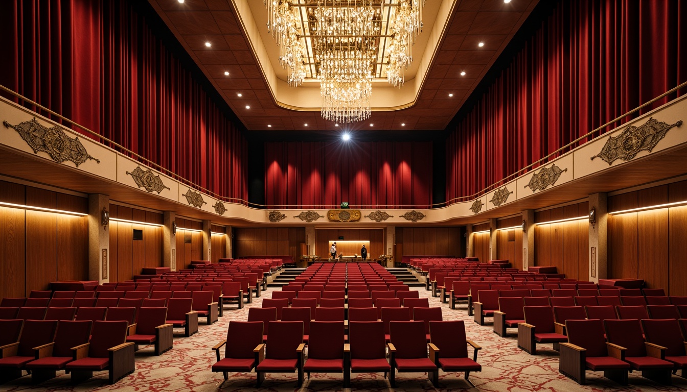 Prompt: Curved auditorium seating, wooden acoustic panels, minimalist stage design, sleek metal railings, grand chandelier lighting, plush red velvet curtains, ornate golden details, high ceilings, open floor plans, natural stone flooring, geometric patterned carpets, modernist architectural elements, dramatic spotlights, warm ambient glow, shallow depth of field, 1/1 composition, symmetrical framing, realistic textures, subtle color grading.