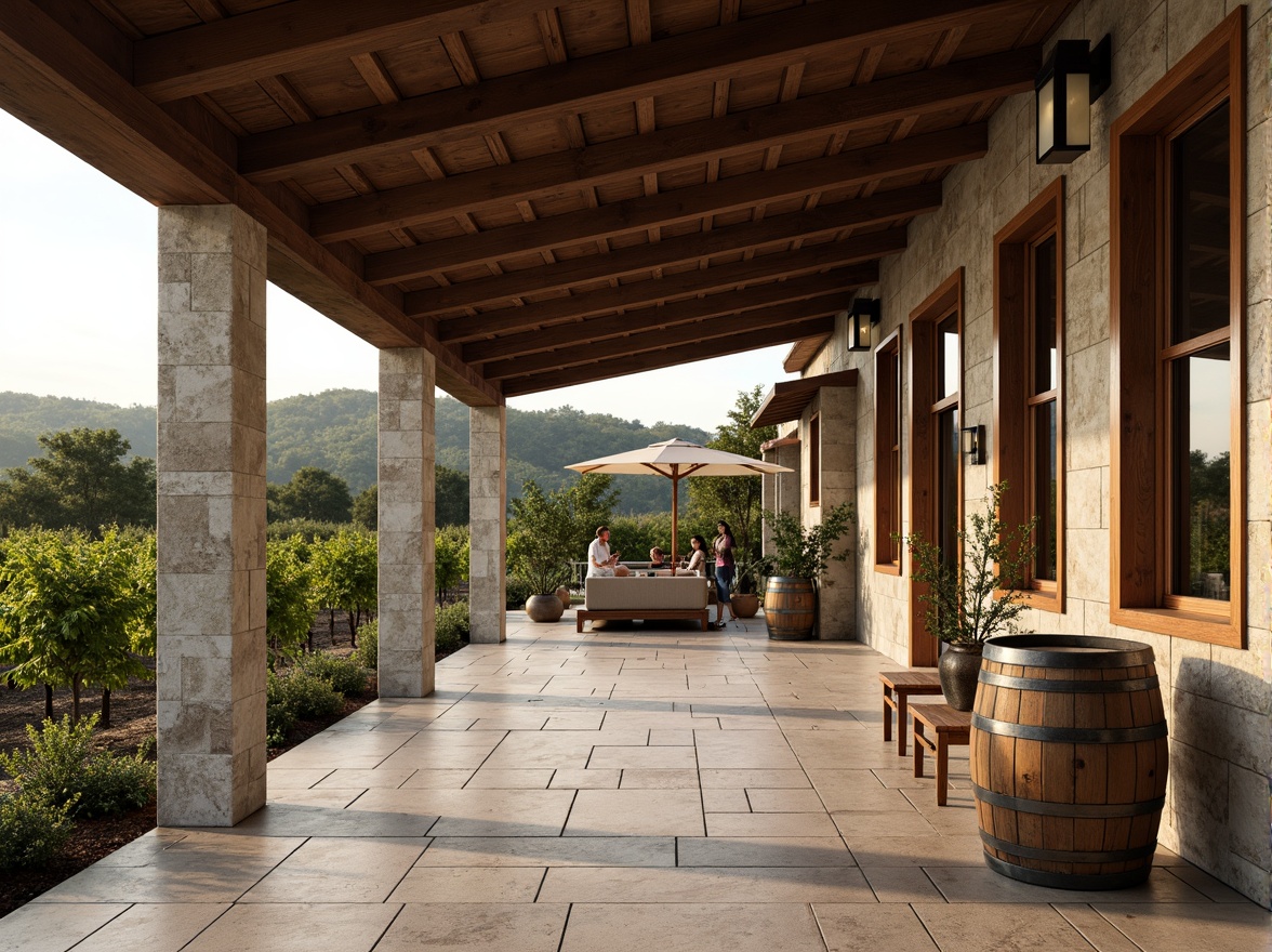 Prompt: Rustic winery facade, stone walls, wooden accents, vineyard surroundings, rolling hills, lush greenery, academic architectural style, classical columns, ornate details, earthy color palette, natural stone flooring, wooden barrels, wine-making equipment, large windows, glass doors, soft warm lighting, shallow depth of field, 3/4 composition, panoramic view, realistic textures, ambient occlusion.