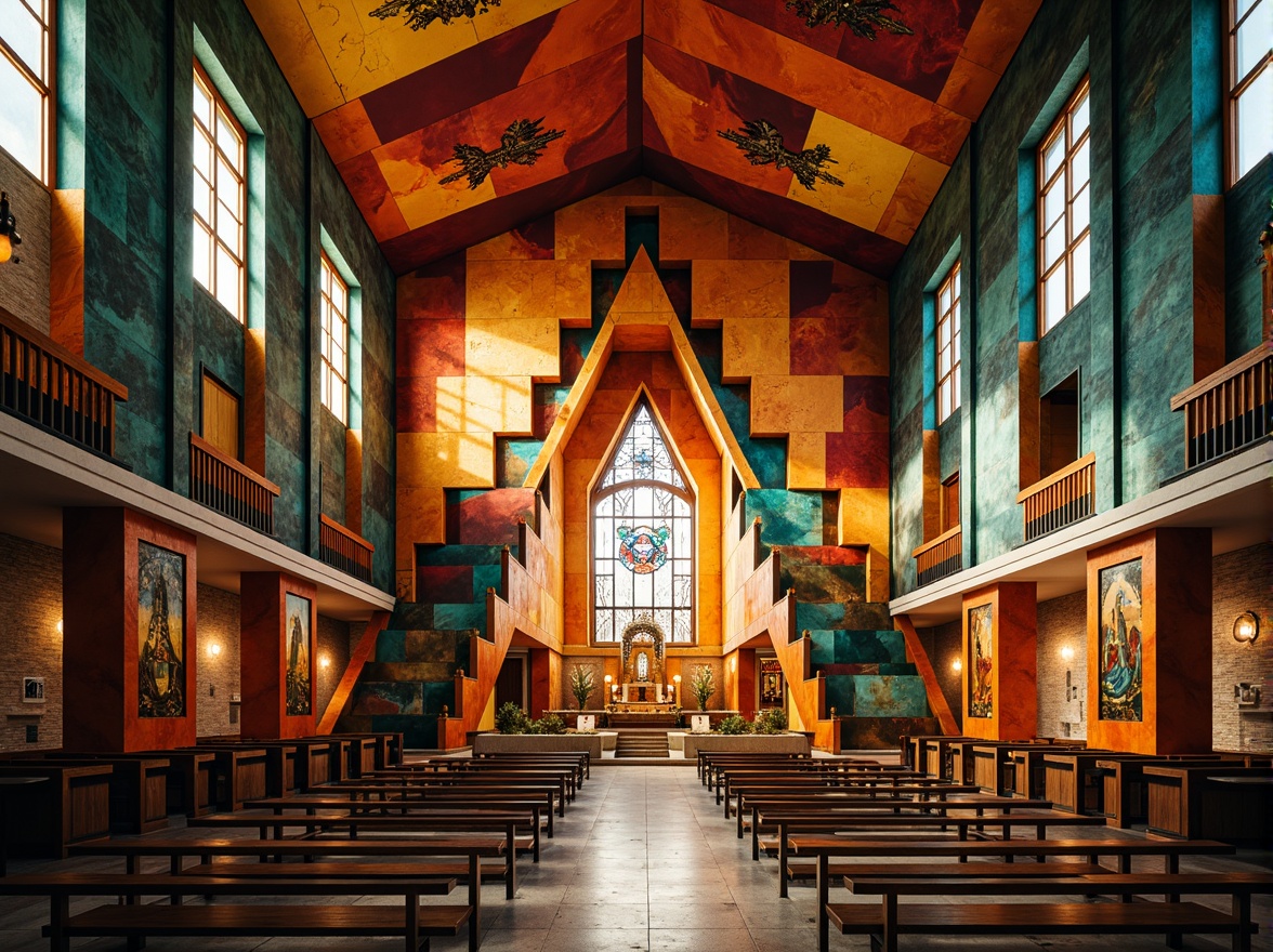 Prompt: Vibrant constructivist church, geometric shapes, bold lines, abstract forms, dynamic volumes, fragmented fa\u00e7ade, stained glass windows, intricate mosaics, rich textures, warm golden lighting, dramatic shadows, industrial materials, exposed brick walls, metallic accents, minimalist decor, sacred symbols, ornate details, spiritual ambiance, atmospheric misting, soft natural light, 1/1 composition, symmetrical framing, high contrast colors, bold typography, abstract patterns.