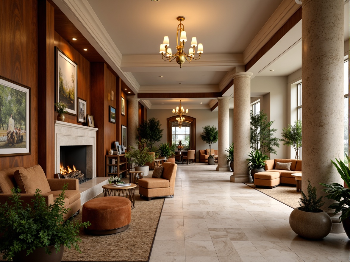 Prompt: Warm inviting lobby, rich wood accents, soft beige walls, plush velvet furniture, golden lighting fixtures, elegant marble floors, vibrant greenery, natural stone columns, cozy fireplaces, comfortable seating areas, warm neutral color palette, earthy tones, calming ambiance, soft warm lighting, shallow depth of field, 3/4 composition, realistic textures, ambient occlusion.