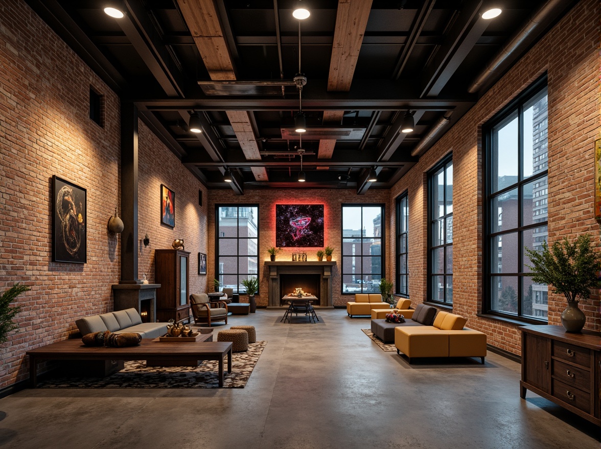 Prompt: Exposed brick walls, metal beams, reclaimed wood accents, industrial-style lighting fixtures, functional machinery, distressed textures, urban cityscape, converted warehouse, modern art installations, abstract sculptures, neon signs, graffiti murals, edgy color palette, high ceilings, open spaces, minimalist decor, functional furniture, steel frames, concrete floors, urban loft atmosphere, dramatic shadows, low-key lighting, 1/1 composition, cinematic mood, gritty realism.