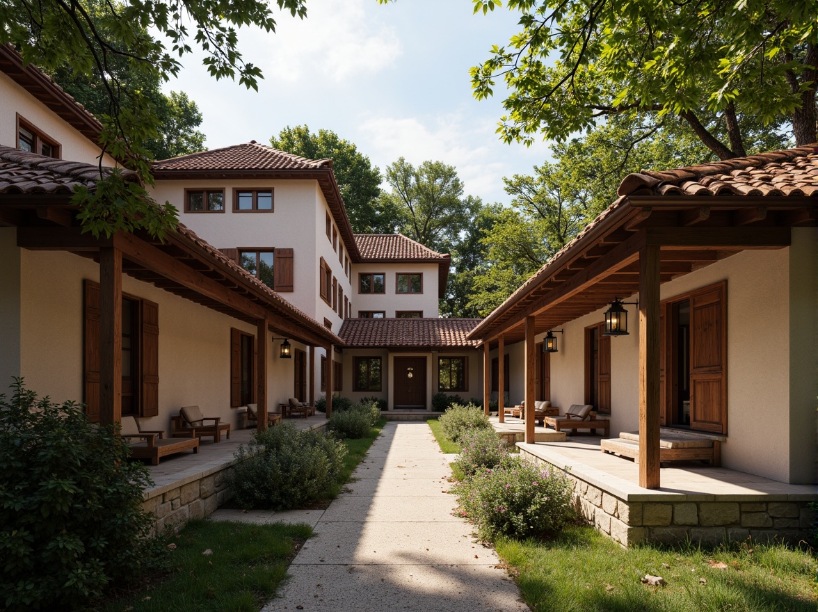 Prompt: Rustic university campus, regionalism style architecture, local materials, reclaimed wood accents, natural stone walls, earthy color palette, traditional roof tiles, ornate wooden doors, vintage lanterns, lush greenery, mature trees, serene atmosphere, warm soft lighting, shallow depth of field, 3/4 composition, panoramic view, realistic textures, ambient occlusion.