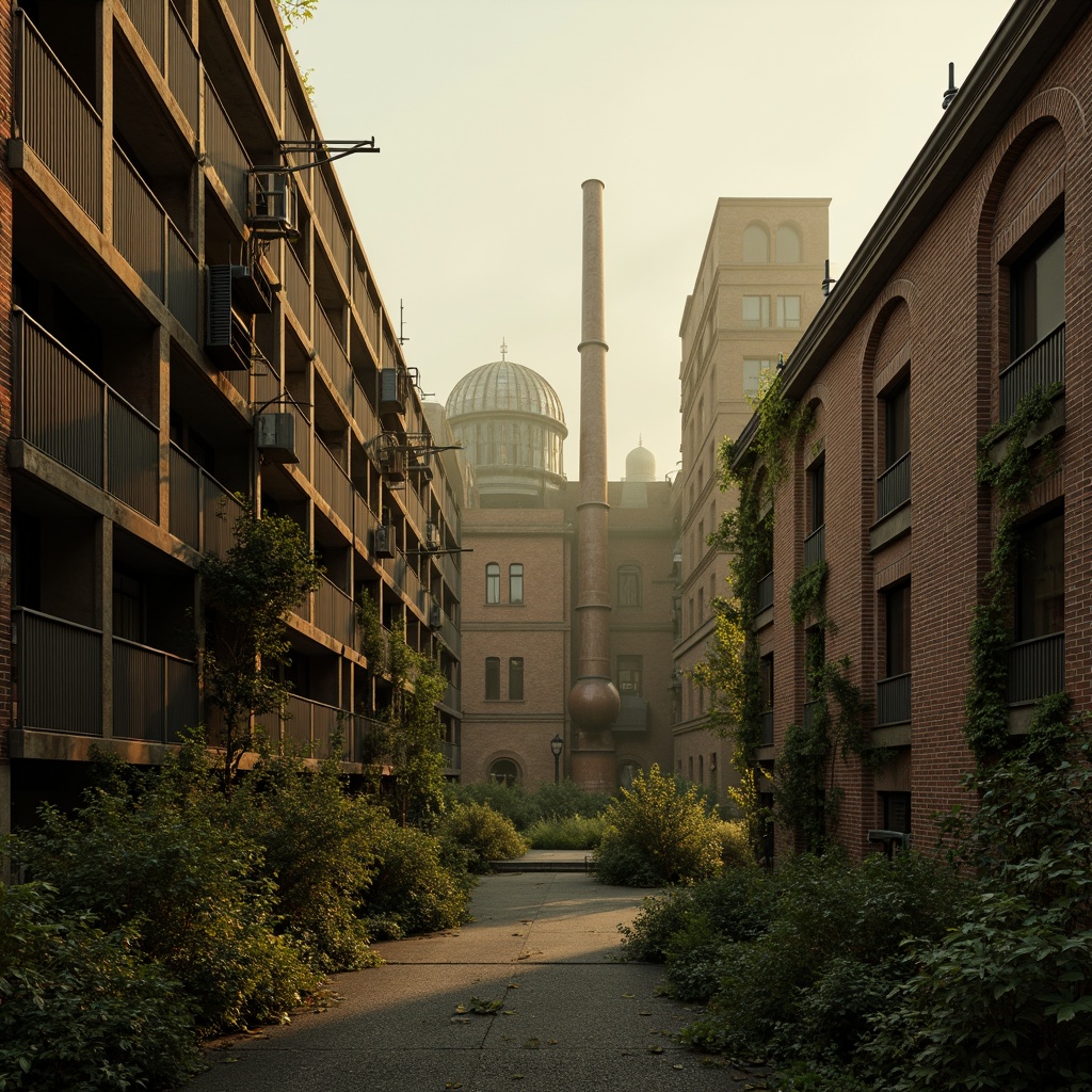 Prompt: Industrial factory buildings, Gothic architectural details, overgrown vegetation, crumbling brick walls, rusty metal beams, ivy-covered chimneys, abandoned machinery, foggy atmosphere, warm golden lighting, shallow depth of field, 1/2 composition, symmetrical framing, realistic textures, ambient occlusion.