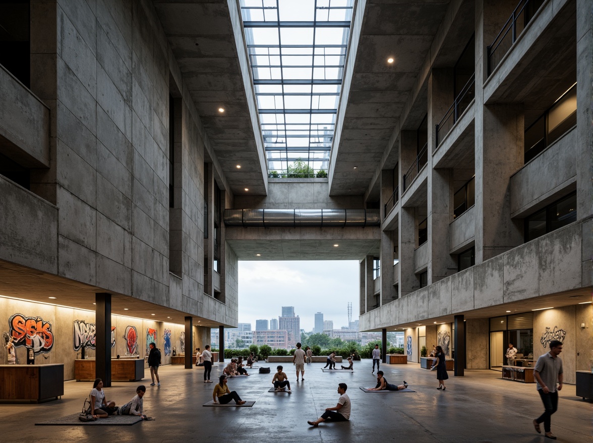 Prompt: Rugged community center, brutalist architecture, raw concrete walls, exposed ductwork, industrial metal beams, natural light pouring in, large skylights, clerestory windows, urban landscape views, gritty cityscape, overcast sky, soft diffused lighting, high contrast shadows, dramatic architectural forms, bold geometric shapes, functional minimalism, communal gathering spaces, reclaimed wood accents, weathered steel features, abstract graffiti art, moody atmospheric tones, cinematic composition, realistic textures, ambient occlusion.