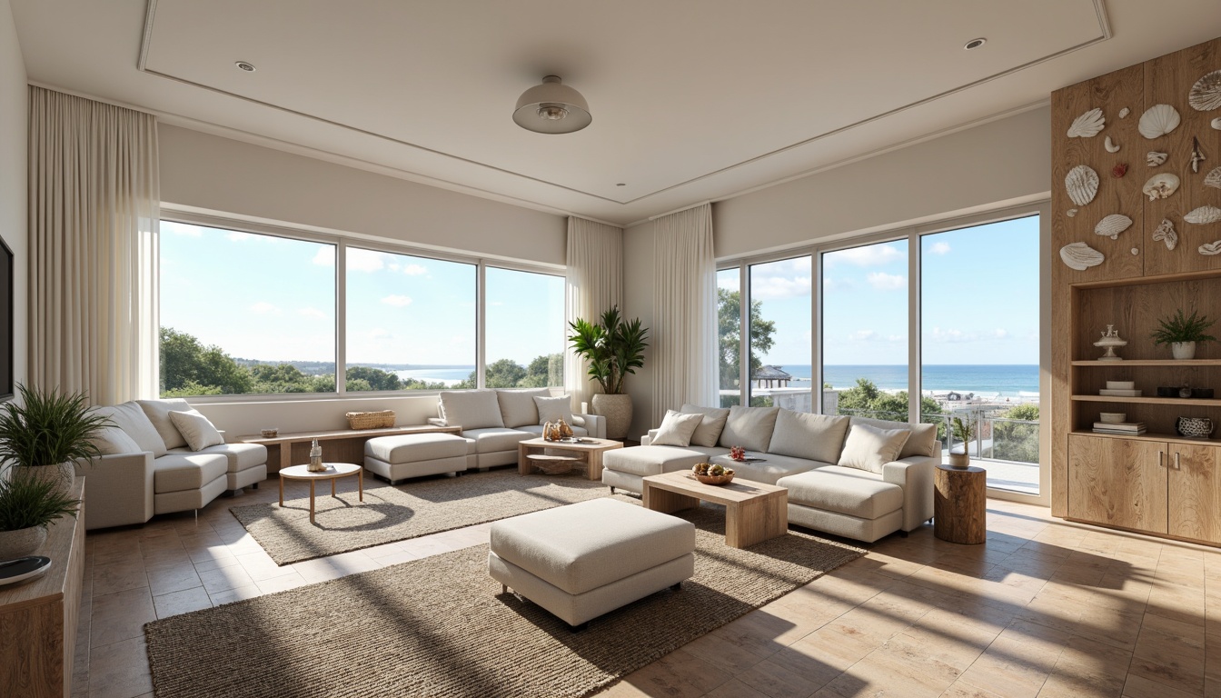 Prompt: Coastal living room, ocean-inspired color palette, driftwood accents, natural textiles, woven sea grass furniture, coral-patterned rugs, shell-adorned decorative walls, floor-to-ceiling windows, sliding glass doors, panoramic ocean views, soft warm lighting, beachy ambiance, minimalist decor, nautical-themed accessories, distressed wood flooring, plush sectional sofas, built-in shelving units, tropical plants, calming atmosphere, 1/1 composition, realistic reflections, ambient occlusion.