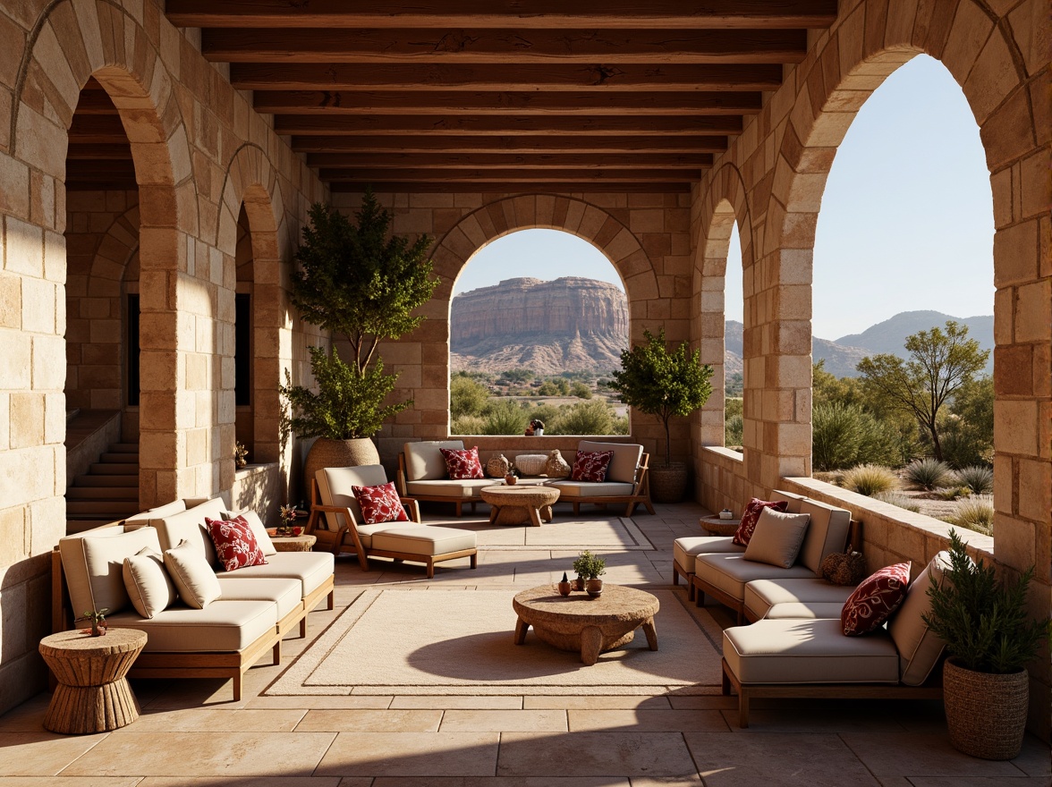 Prompt: Rustic sandstone walls, burgundy accent stones, earthy tones, natural textures, rugged landscape, desert flora, warm sunny day, soft diffused lighting, shallow depth of field, 1/2 composition, realistic rock formations, ambient occlusion, intricate stone carvings, ornate metal details, luxurious velvet fabrics, rich wood furnishings, cozy intimate spaces, dramatic color contrast.