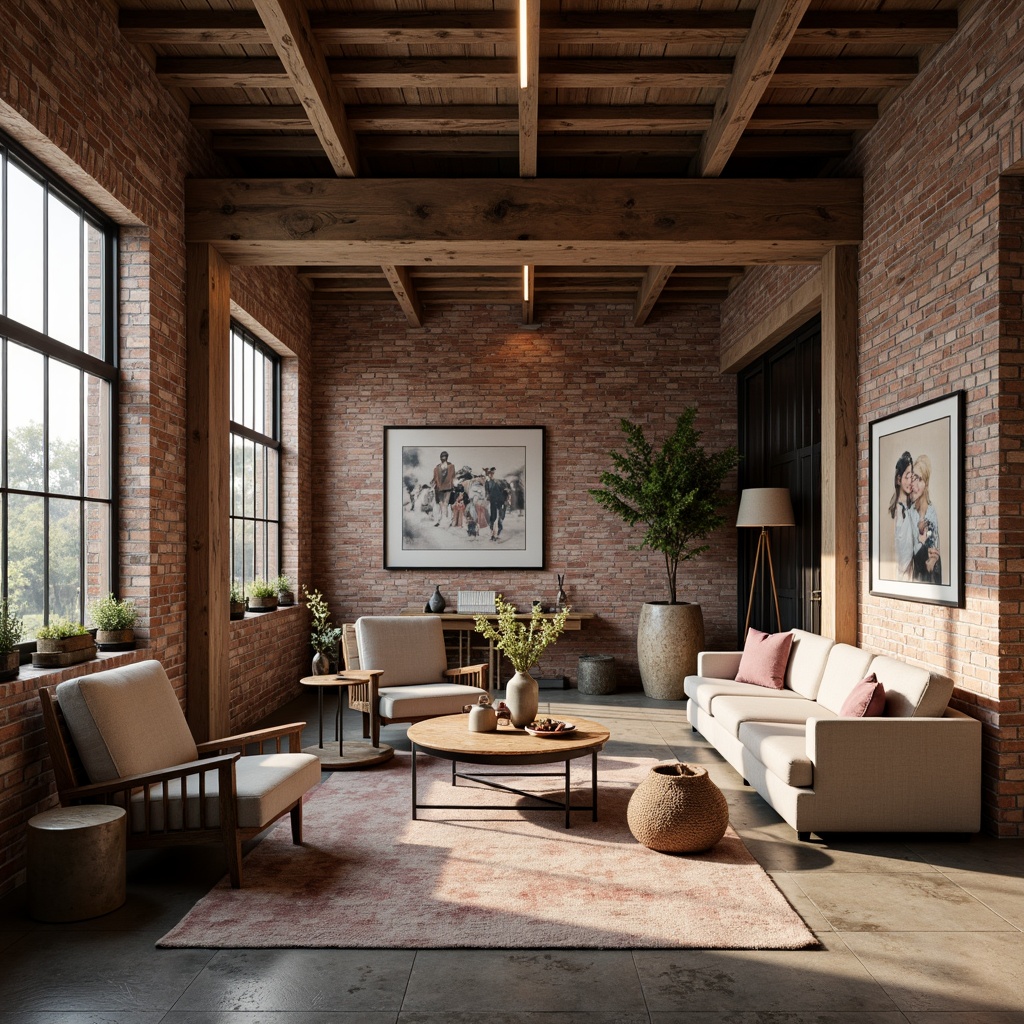 Prompt: Warm industrial loft, exposed brick walls, wooden beams, metal accents, soft warm lighting, cozy atmosphere, rich textiles, plush furnishings, vintage decorative items, distressed finishes, earthy tone color scheme, muted pastels, blush pinks, mauve, sage greens, creamy whites, warm beiges, rustic wood tones, natural stone floors, industrial chic decor, romantic ambiance, intimate setting, soft focus, shallow depth of field, 1/1 composition, realistic textures, ambient occlusion.