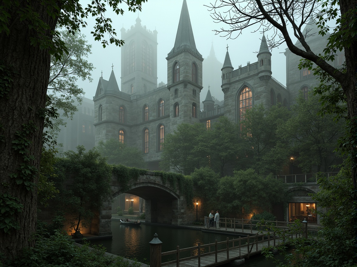 Prompt: Mysterious medieval castle, rugged stone walls, grandiose spires, stained glass windows, ornate gargoyles, lush greenery, overgrown vines, moss-covered stones, misty atmosphere, soft warm lighting, dramatic shadows, 3/4 composition, symmetrical framing, eerie ambiance, mystical fog, ancient trees, twisted branches, weathered wooden bridges, serene water features, reflective pools, Gothic arches, ribbed vaults, flying buttresses, intricate stone carvings.