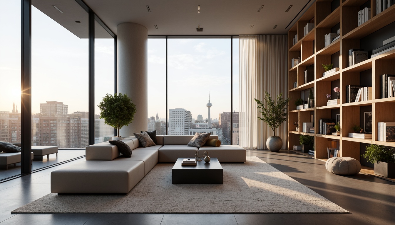 Prompt: Modern living room, sleek minimalist furniture, neutral color palette, textured rugs, floor-to-ceiling windows, natural light pouring in, urban cityscape views, cozy reading nook, built-in shelving units, geometric patterned wallpaper, ambient warm lighting, 1/1 composition, shallow depth of field, realistic textures, soft focus blur.