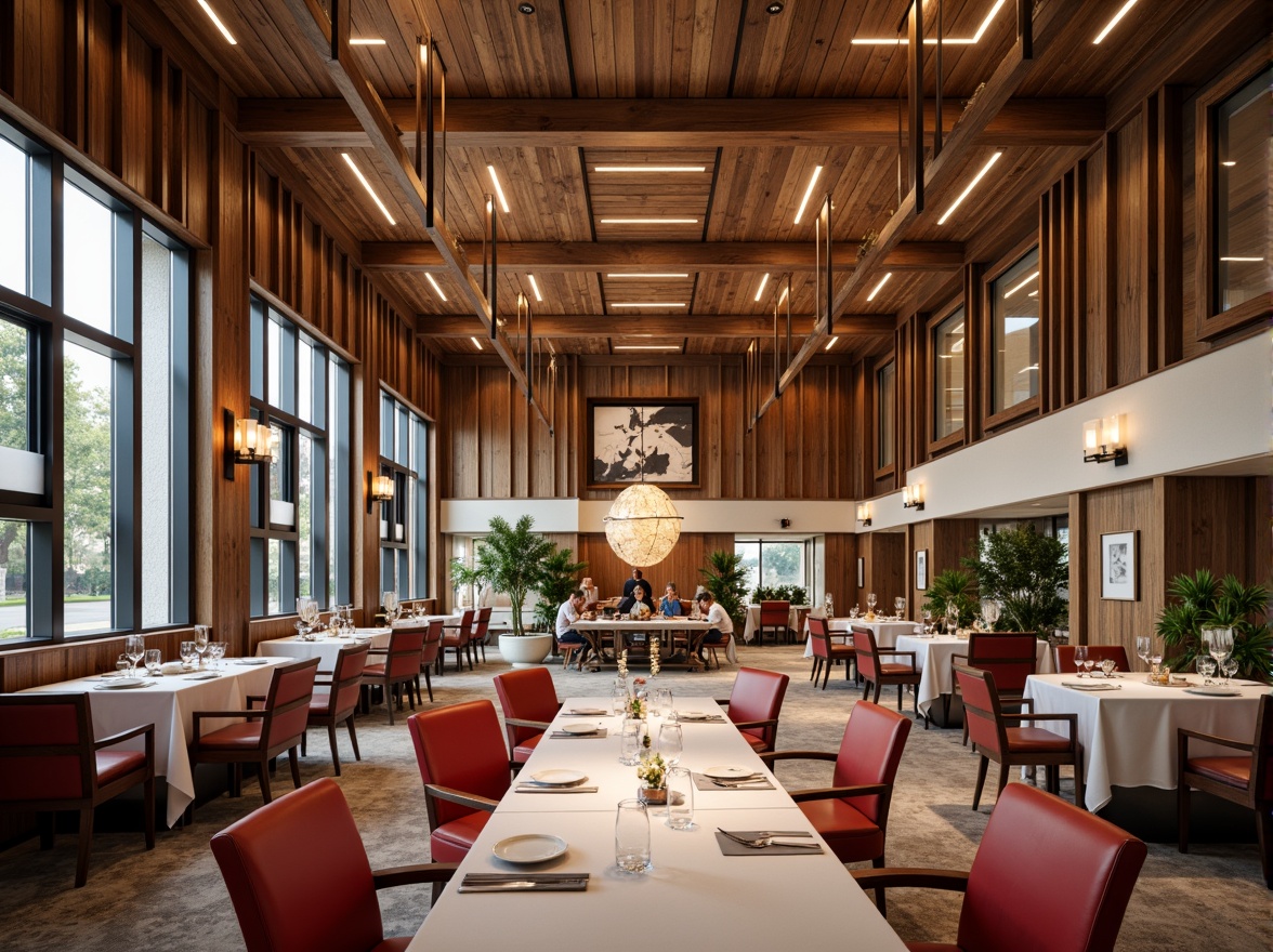 Prompt: Luxurious dining hall, rich wood tones, creamy whites, deep charcoal grays, bold red accents, metallic silvers, sleek glass surfaces, minimalist decor, modern international style, high ceilings, grand chandeliers, sophisticated ambiance, warm soft lighting, shallow depth of field, 1/1 composition, realistic textures, ambient occlusion.