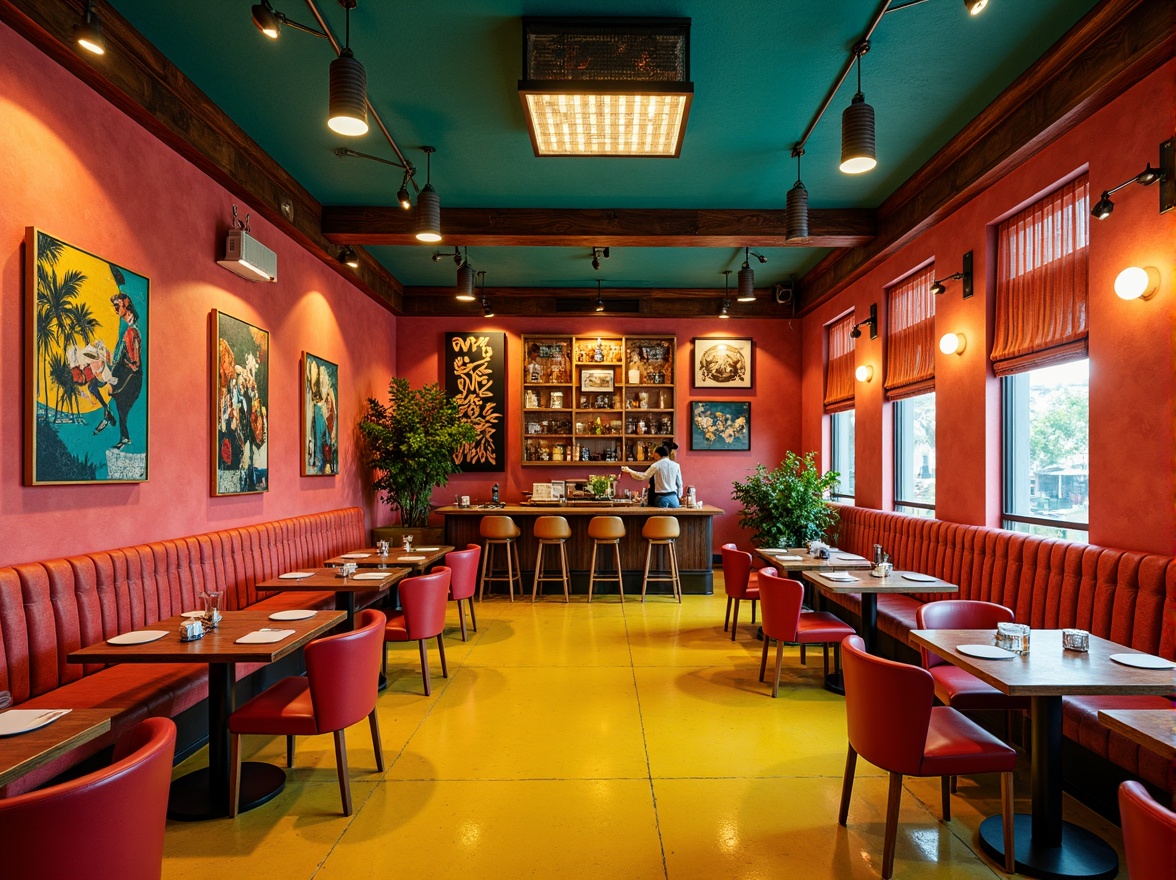 Prompt: Vibrant restaurant interior, expressionist art style, bold color palette, warm golden lighting, rich wood accents, eclectic furniture, abstract artwork, geometric patterns, bright coral walls, deep turquoise ceilings, sunny yellow floors, distressed metal decorations, reclaimed wood textures, industrial chic atmosphere, dramatic shadows, high contrast ratio, 1/2 composition, cinematic lighting, realistic reflections.