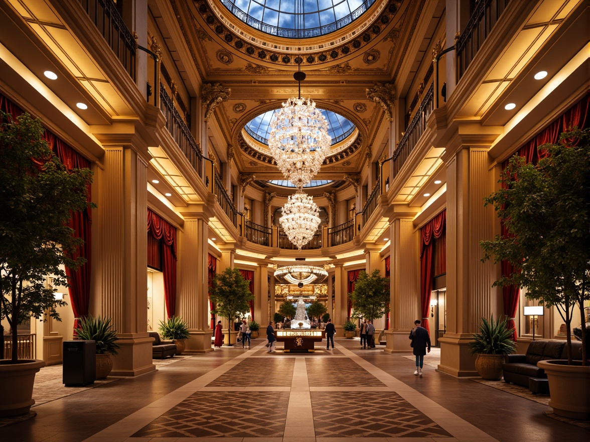 Prompt: Grandiose casino entrance, ornate neoclassical facades, intricate stone carvings, majestic columns, opulent chandeliers, lavish decorations, rich velvet drapes, gilded moldings, sparkling crystal fixtures, vibrant LED lighting, dynamic water features, luxurious marble floors, sweeping staircases, dramatic archways, imposing domed ceilings, warm golden tones, soft focus blur, shallow depth of field, 1/2 composition, cinematic atmosphere, realistic reflections.