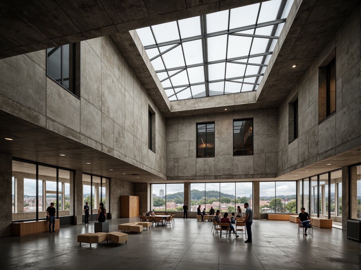 Prompt: Rugged community center, brutalist architecture, raw concrete walls, exposed ductwork, industrial metal beams, natural light pouring in, large skylights, clerestory windows, urban landscape views, gritty cityscape, overcast sky, soft diffused lighting, high contrast shadows, dramatic architectural angles, bold structural elements, minimalist interior design, functional simplicity, communal gathering spaces, reclaimed wood accents, earthy color palette, organic textures, 3/4 composition, cinematic framing, realistic render.