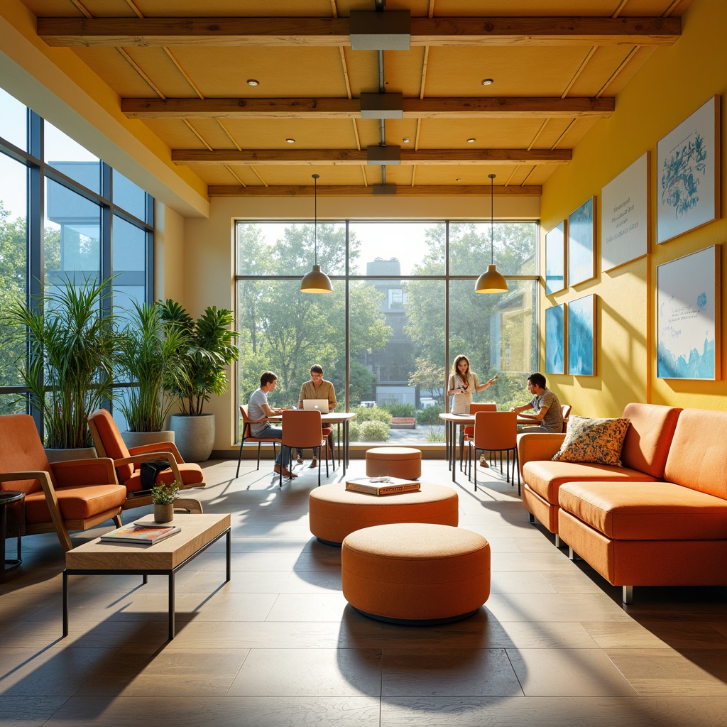 Prompt: Vibrant creative learning space, bold color scheme, stimulating yellow accents, calming blue undertones, energetic orange hues, inspiring greenery, natural wood textures, modern minimalist furniture, sleek metal legs, comfortable cushioned seating, collaborative workstations, interactive whiteboards, innovative technology integration, abundant natural light, soft warm glow, shallow depth of field, 3/4 composition, panoramic view, realistic textures, ambient occlusion.