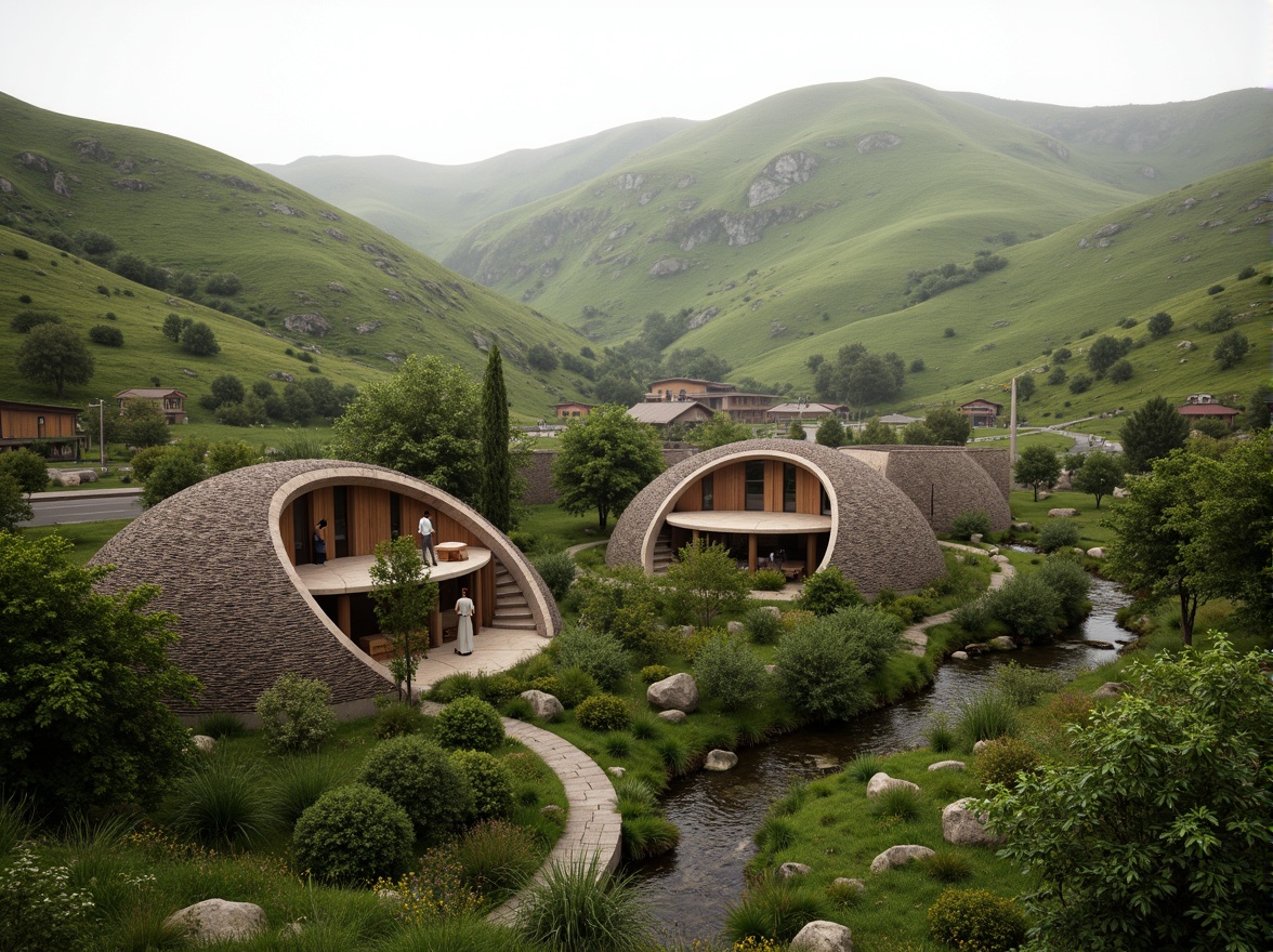 Prompt: Rustic village, rolling hills, lush greenery, meandering streams, traditional vernacular architecture, earthy tones, natural stone walls, wooden accents, curved lines, organic forms, blending with surroundings, seamless integration, harmonious coexistence, soft warm lighting, misty atmosphere, shallow depth of field, 1/1 composition, realistic textures, ambient occlusion.