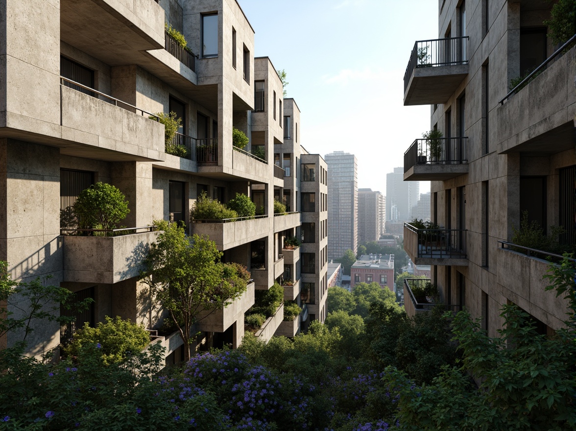 Prompt: Rugged brutalist buildings, raw concrete textures, fortress-like structures, overgrown vegetation, wildflowers, moss-covered walls, weathered steel beams, industrial materials, urban landscape integration, cityscape views, elevated walkways, cantilevered sections, dramatic shadows, harsh natural light, 1/1 composition, symmetrical framing, high-contrast lighting, gritty realistic textures, ambient occlusion.