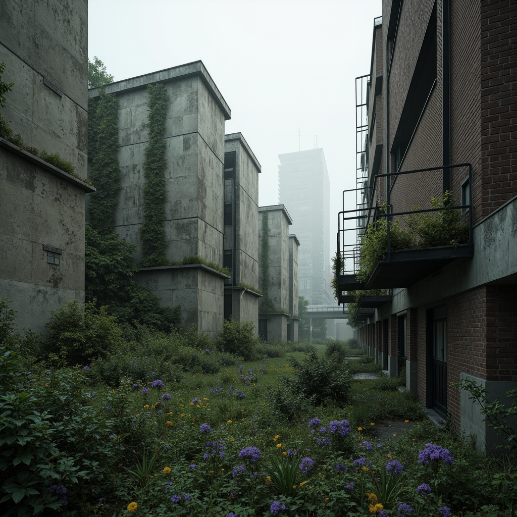 Prompt: Rugged brutalist architecture, raw concrete textures, fortress-like structures, overgrown vegetation, wildflowers, moss-covered walls, industrial landscapes, abandoned factories, crumbling brick facades, distressed metal accents, urban decay, post-apocalyptic atmosphere, dramatic lighting, low-angle shots, cinematic composition, gritty realistic renderings, atmospheric fog effects, misty mornings, eerie silence.